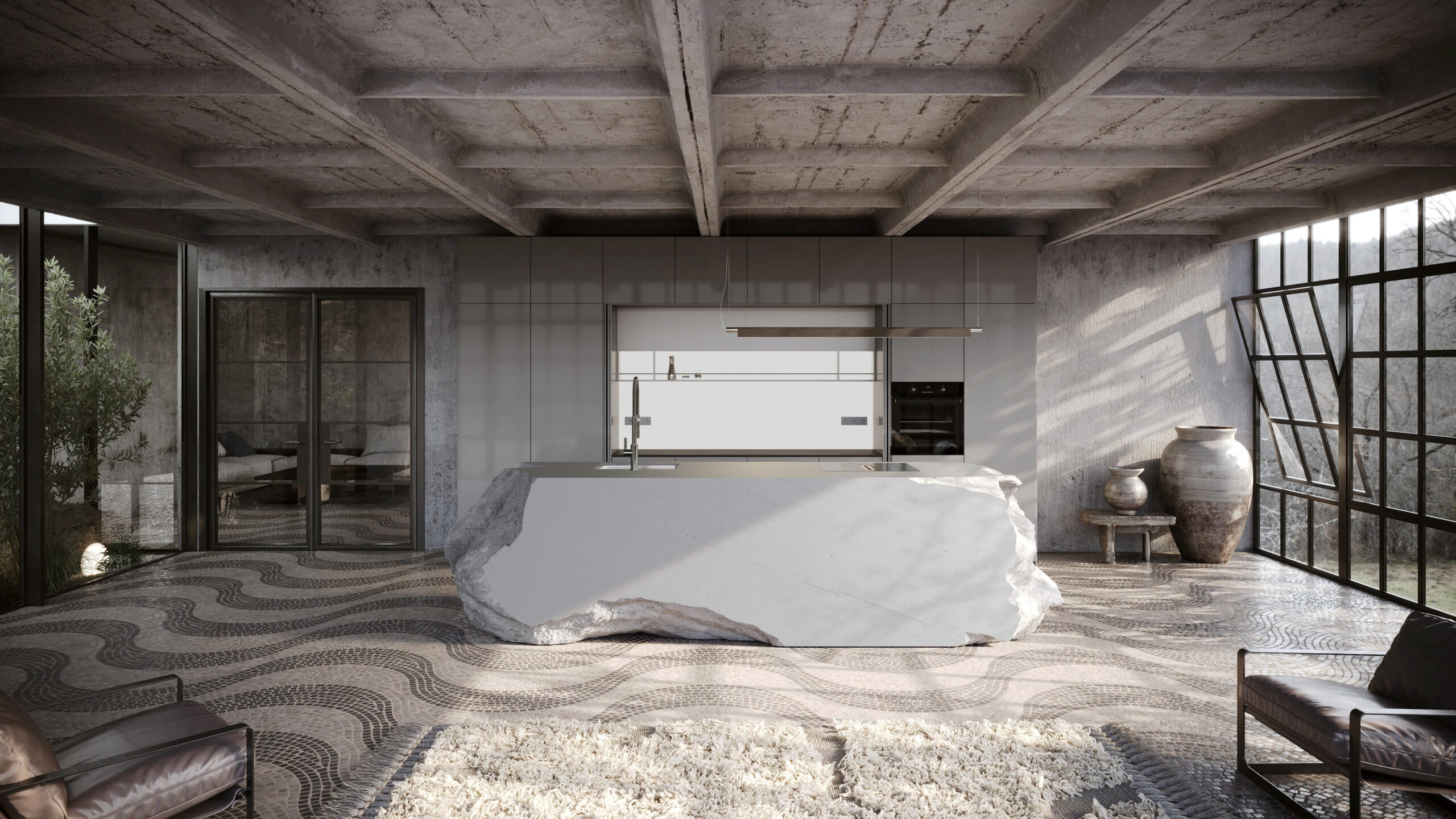 Cozinha contemporânea com ilha esculpida em quartzito Zeus, pedra natural de alta resistência e elegância usada em projetos de design moderno.